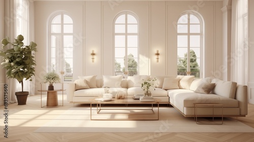 modern living room featuring wooden floors, in the style of light white and light beige. AI generated