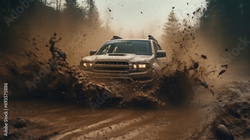 Car drives through mud