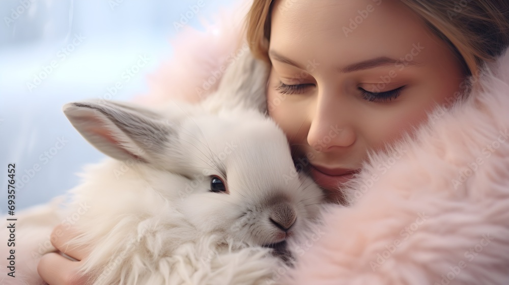 Affectionate bunny snuggling in soft fur Affectionate bunny snuggling in soft fur