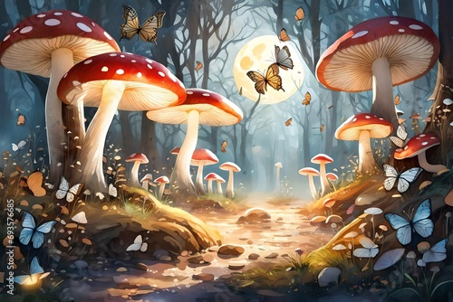 An enchanting fantasy realm filled with luminescent butterflies fluttering around gigantic mushrooms, the mushrooms emitting a soft glow.