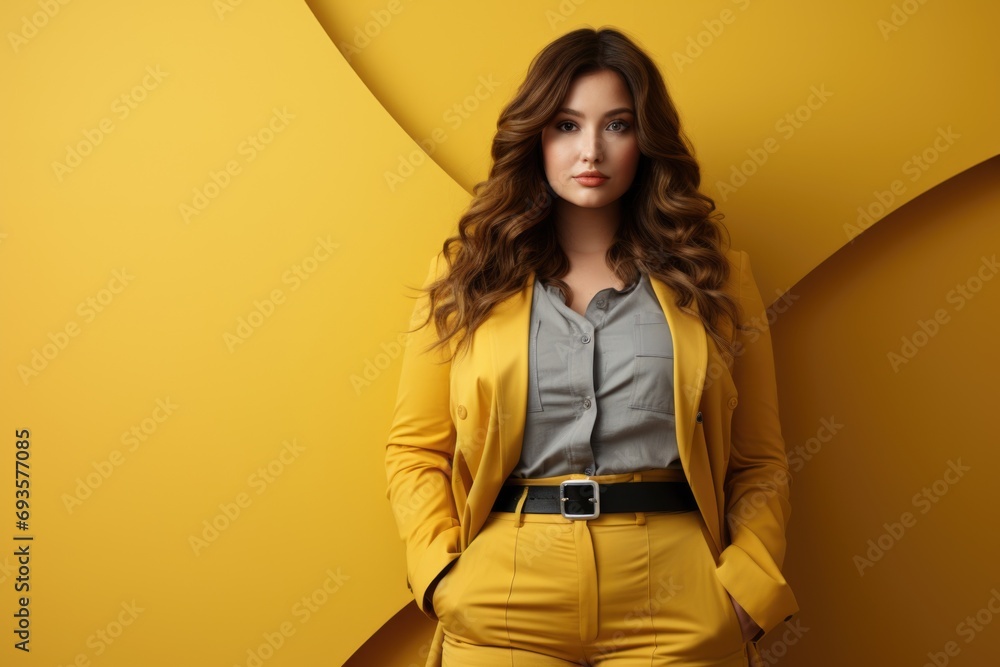 A fashionable plus-size young woman shines in a studio portrait, showcasing style and body positivity A fashionable plus-size young woman shines in a studio portrait, showcasing style and body positivity