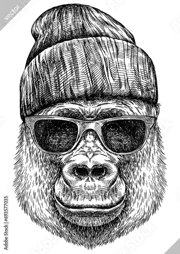 Vintage engraving isolated gorilla set glasses dressed fashion illustration ape ink sketch. Monkey kong background primate silhouette sunglasses hipster hat art. Black and white drawn vector image