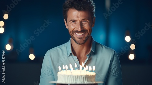 A handsome man celebrates his birthday by crossing his fingers, making wishes, holding a cake with burning candles, dressed in festive clothes, and smiling broadly over a blue background. photo