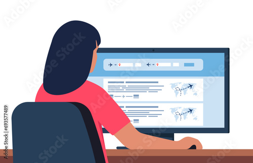 Woman looking for a flight tickets. Flight search website on a computer screen. Avia sale web site aggregator for buying tickets online. Search bar and results, flight options. Vector illustration.