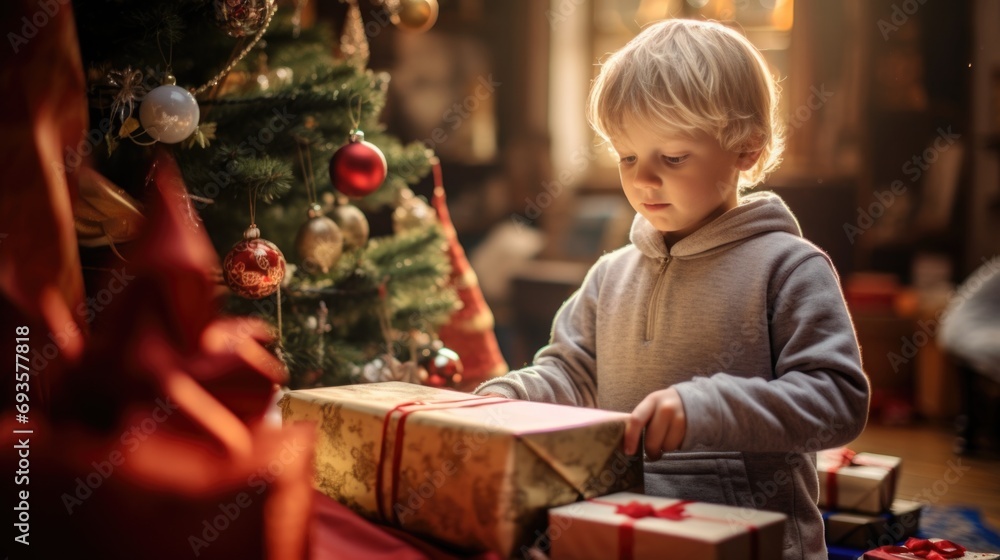 Christmas morning a child opens presents Christmas morning a child opens presents
