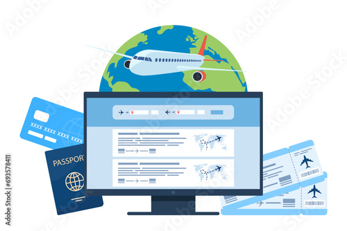 Online booking of flight tickets on the flight search site. Computer, air tickets and baggage, planet Earth and plane. Travel, journey, business trip. Vector illustration.