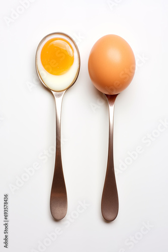 Egg yolk and whole egg on spoons on white background, minimal food photography, overhead top view