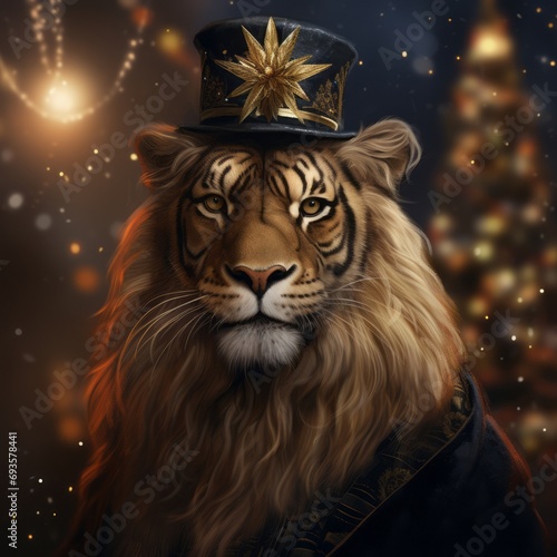 Portrait of the tiger in Christmas background, blurred background and  Christmas tree with lights.