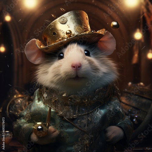 cute hamster with gold hat  , new year , blurred background,