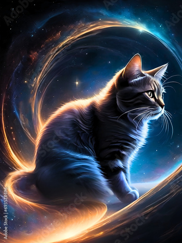 Abstract art of cat sitting on galaxy with illuminated star and glowing nebula background. 3D rendering illustration for design, artwork, wallpaper, template photo