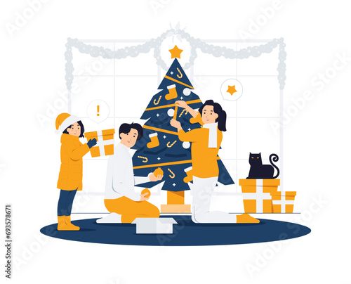 Surprised kids open christmas gifts party, Family decorating Christmas pine tree, winter holidays gathering celebration concept illustration