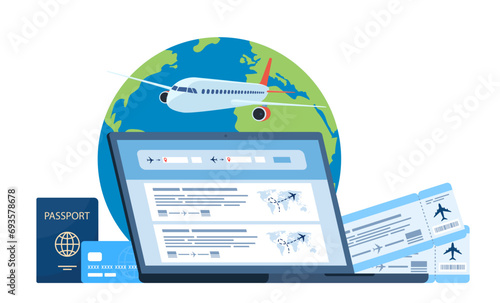 Online booking of flight tickets on the flight search site. Laptop, air tickets and baggage, planet Earth and plane. Travel, journey, business trip. Vector illustration.