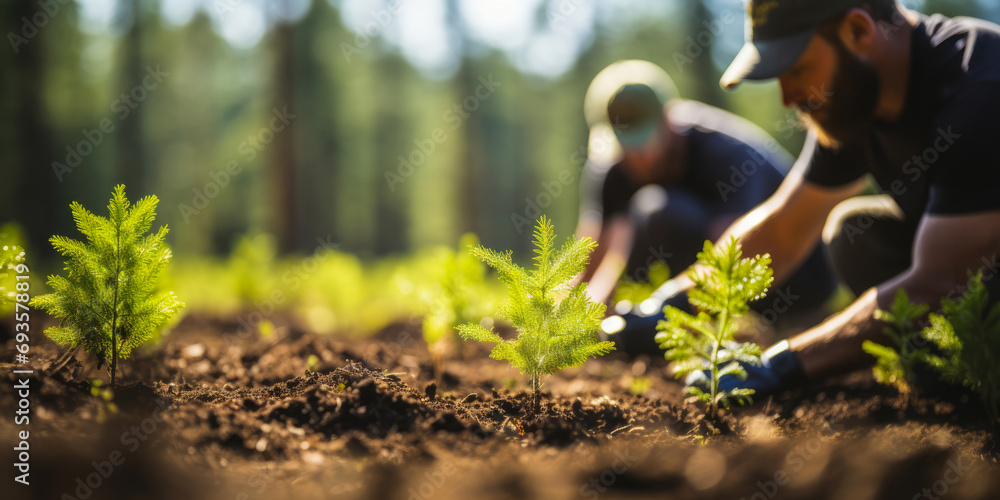 Volunteers Planting Young Trees in Forest Soil, Engaged in ...
