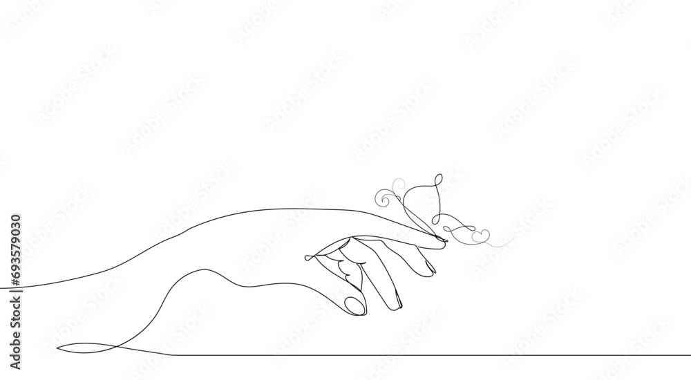 An outstretched hand on which a butterfly sits.Style One continuous line drawing. Symbol, banner, background, logo, for printing An outstretched hand on which a butterfly sits.Style One continuous line drawing. Symbol, banner, background, logo, for printing