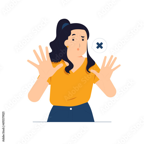 Shocked girl says no makes stop gesture, deny disagree not interested rejection expression concept illustration