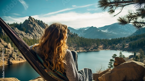 Dallas peak can be seen in the distance as a girl relaxes on a hammock by lower blue lake ridgway colorado. photo