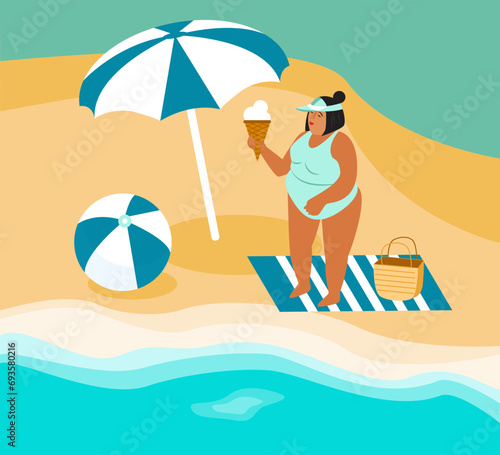 Plus size girl on the beach on summer with ice cream, umbrella and ball. Body positive illustration. Love your body motivation. No shaming.