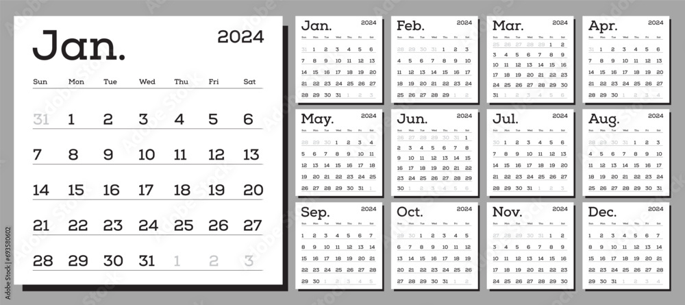 Classic monthly calendar for 2024. The week starts on Sunday. Vector template ready for printing. Elements for design - obrazy, fototapety, plakaty 