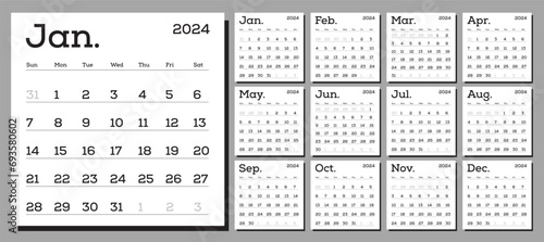 Classic monthly calendar for 2024. The week starts on Sunday. Vector template ready for printing. Elements for design