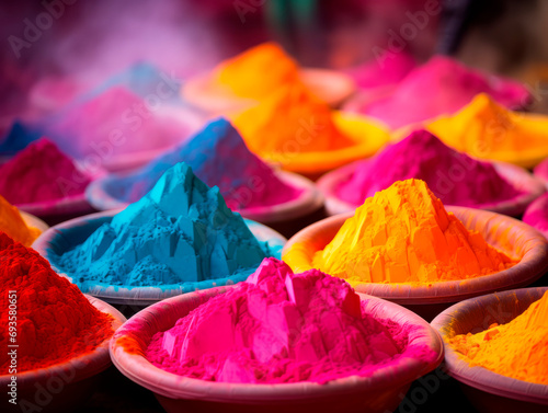 Multicolored Holi paints on plates 