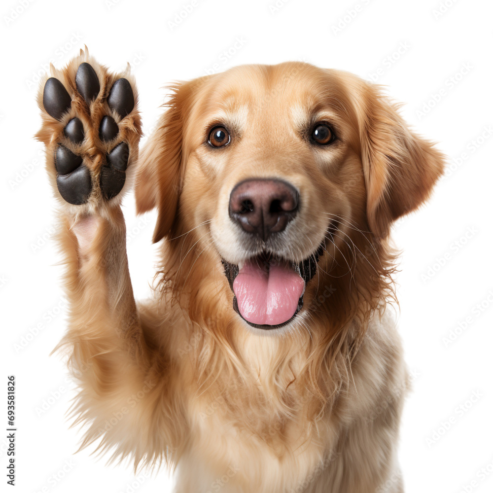 Golden retriever giving high five isolated on white background