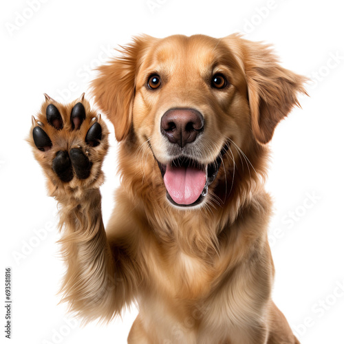 Golden retriever giving high five isolated on white background photo