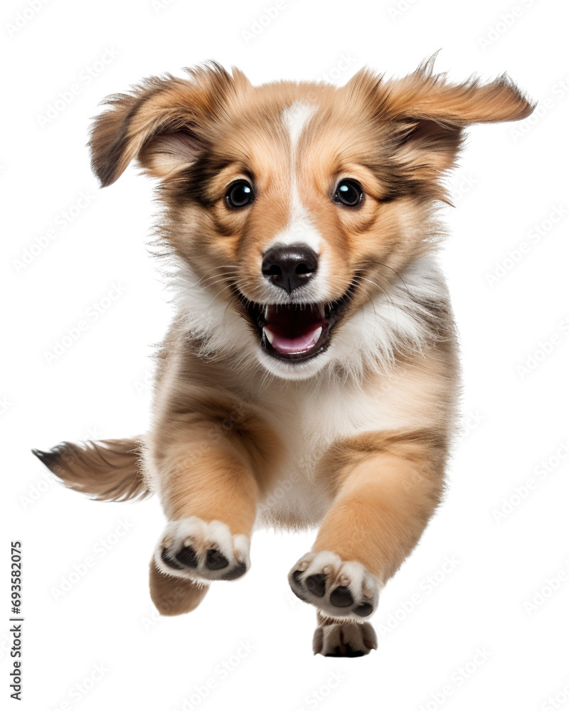 Puppy playing in motion isolated on white background