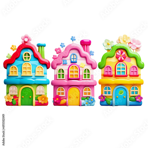 toy houses. pastel colors. Digital art style. Children's illustration. PNG