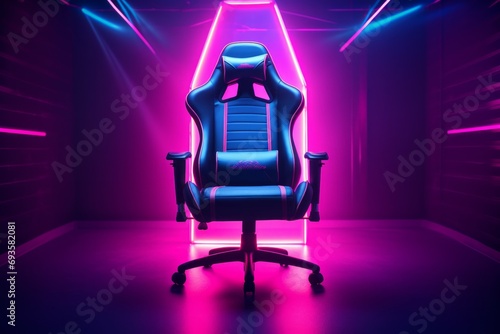 Gamer ergonomic chair in neon light room