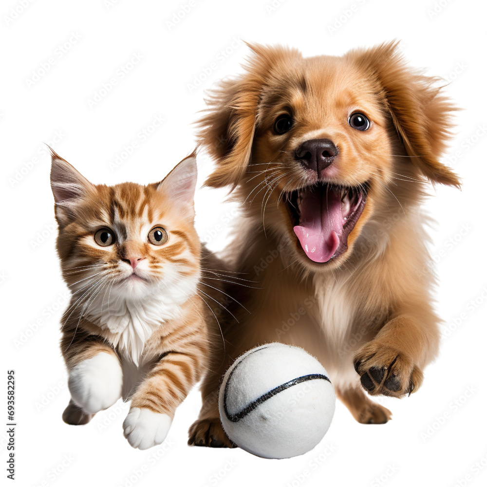 Dog and cat in motion, playing with ball together isolated on white background
