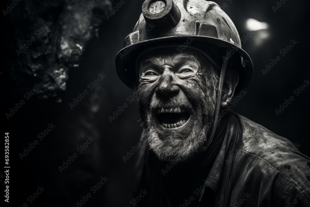 black and white portrait of an old coal miner with helmet in a mineshaft screaming for help black and white portrait of an old coal miner with helmet in a mineshaft screaming for help