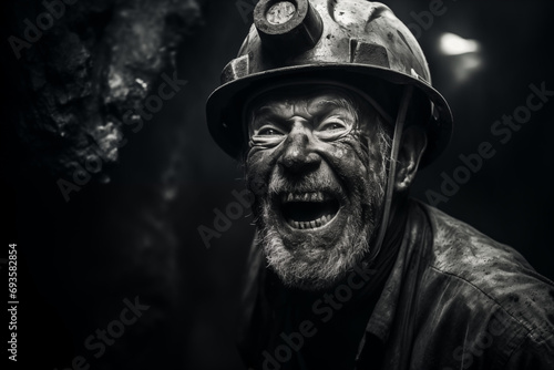 black and white portrait of an old coal miner with helmet in a mineshaft screaming for help  photo