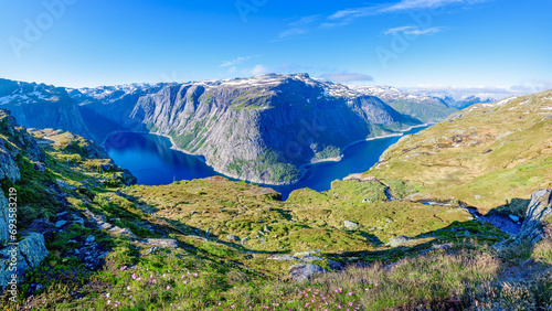 A view of the fjord on a summer day in the Hardanger fjord National park, Norway photo