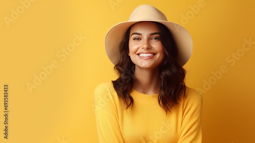 A cheerful young woman from europe smiles with her teeth crossed and trusts in good luck. she is accompanied by a hat and jumper isolated on a yellow background, and prays for good luck.