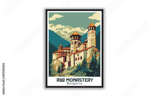 Rila Monastery, Bulgaria. Vintage Travel Posters. Vector illustration, art. Famous Tourist Destinations Posters Art Prints Wall Art and Print Set Abstract Travel for Hikers Campers Living Room Decor