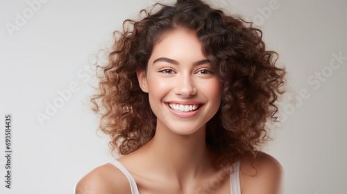 A portrait of a female model with curly hair and healthy, clean skin who is wearing a basic t-shirt isolated over a white background.