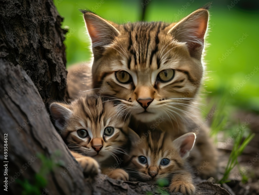 Mother cat with her kittens outdoors in nature