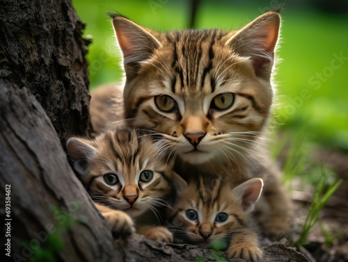 Mother cat with her kittens outdoors in nature