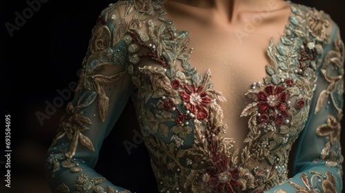 Close-up of an elegant embroidered dress photo