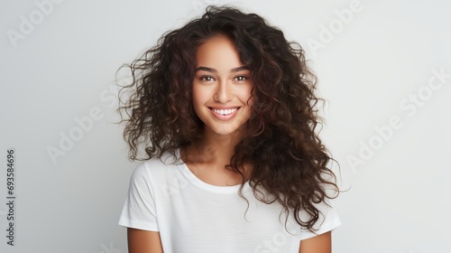 A portrait of a lovely young woman smiling while posing isolated on a white background