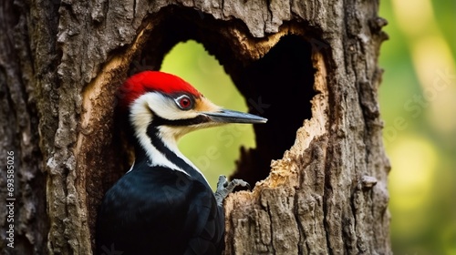 Pileated woodpecker bird carving a heart shaped hole in a tree. Romantic magical forest background.