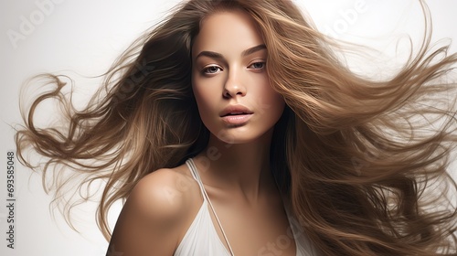 A portrait of a stunning woman with long hair. a young brunette model with stunning hair isolated against a white background. a young girl with her hair blowing in the wind.