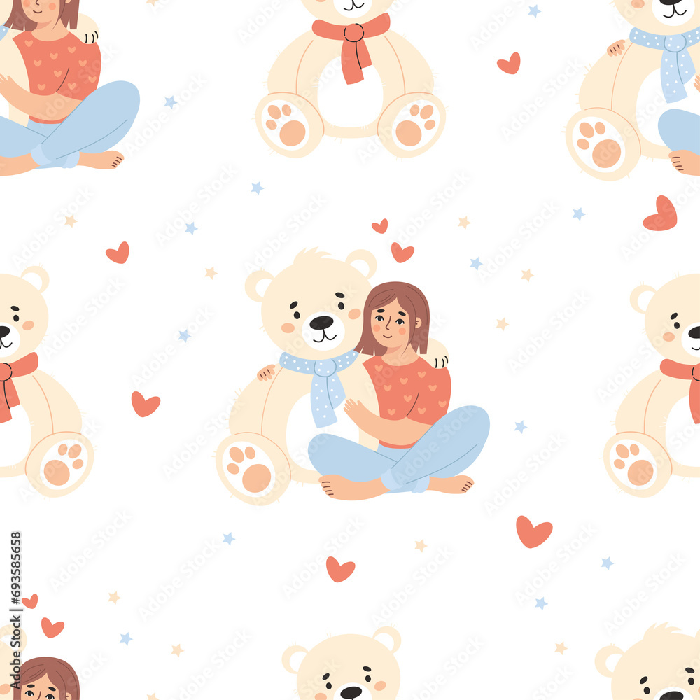 Seamless pattern with happy happy woman hugging bear toy Seamless pattern with happy happy woman hugging bear toy