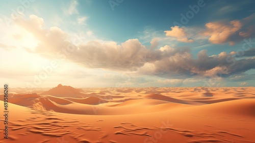 Desert sand dunes and empty space can be seen in the morning landscape.