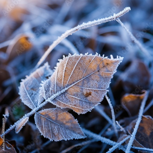 Frost-covered leaves in a wintry nature setting