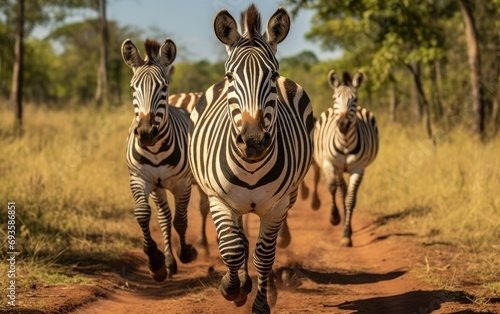 Zebras running in the wild suitable for wildlife and travel industries