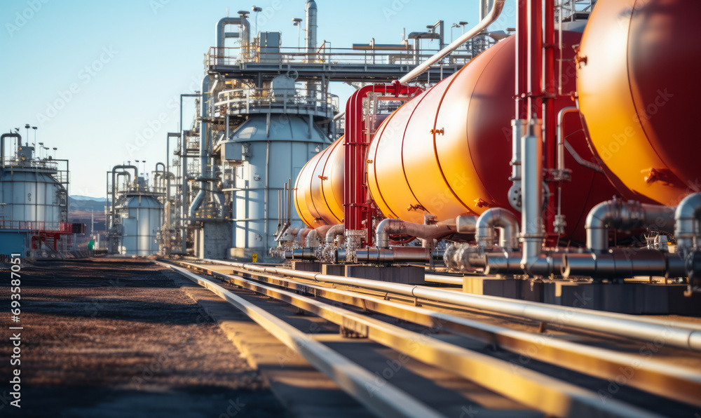 Industrial landscape: Detailed view of gas and chemical plant infrastructure with storage tanks, pipelines, and modern machinery Industrial landscape: Detailed view of gas and chemical plant infrastructure with storage tanks, pipelines, and modern machinery