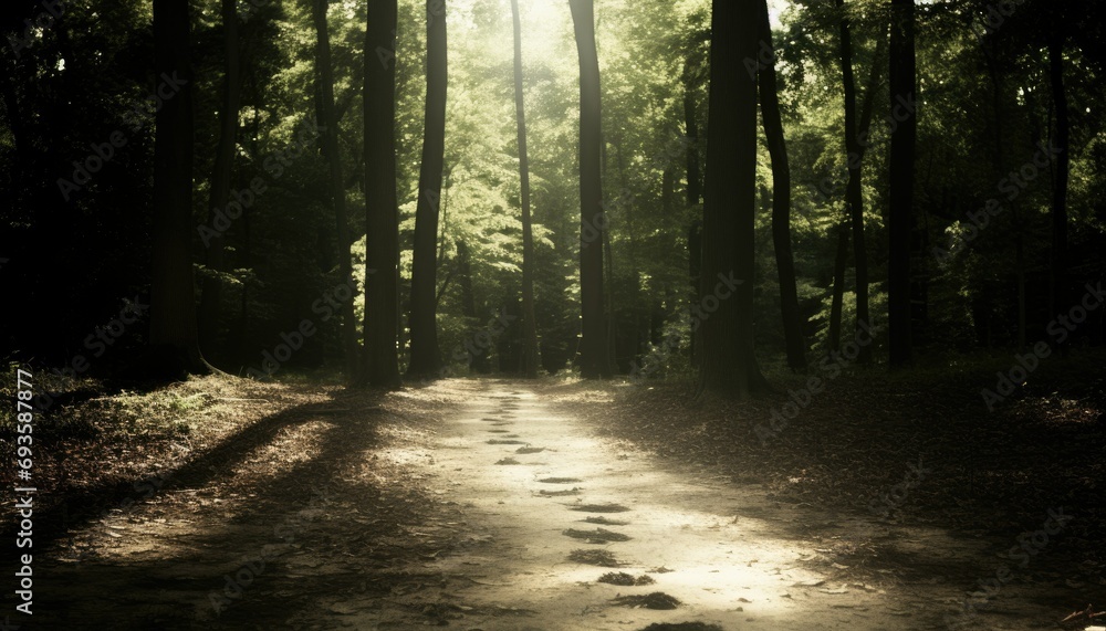 Fototapeta premium Mystical Forest Path with Sunlight for Relaxation and Nature Themes