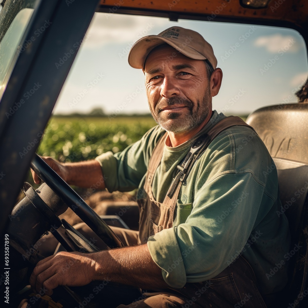 Mature Farmer Driving a Tractor in a Field Mature Farmer Driving a Tractor in a Field