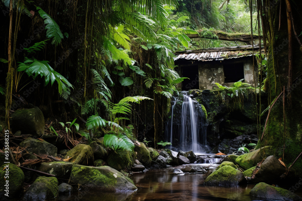Fototapeta premium a hut in the jungle with waterfall. Generative Ai